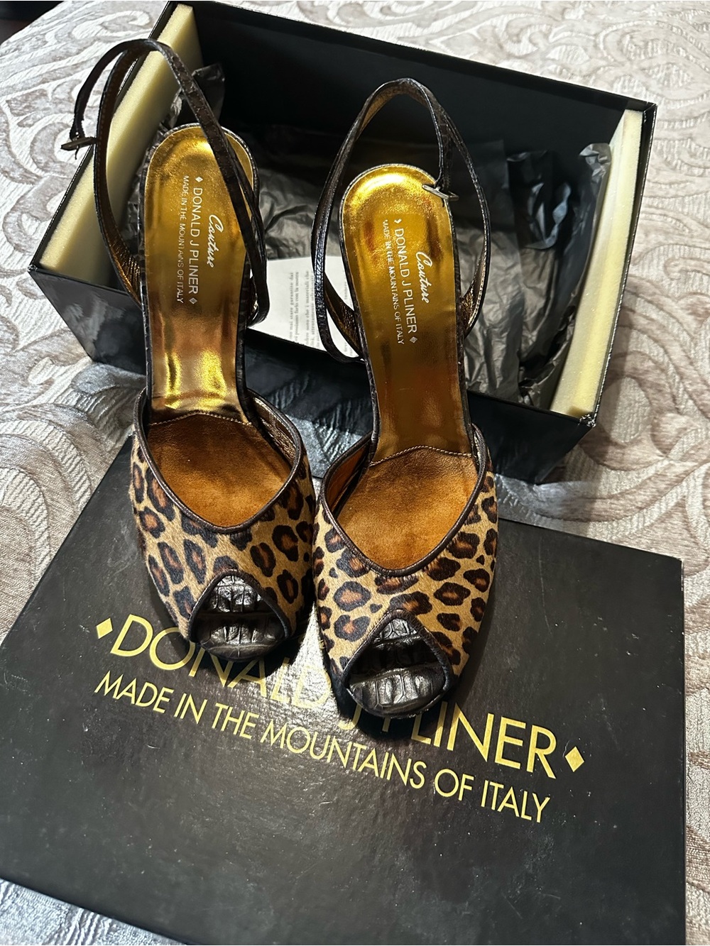 Donald J. Pliner Leopard Print Peep-Toe Slingback Heels - Brown/Gold